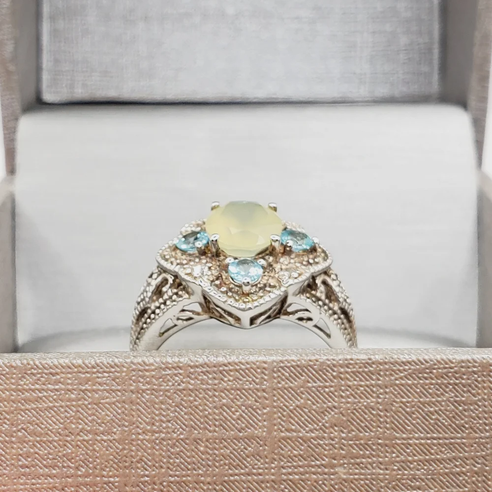 Apatite - White Topaz & Chalcedony 925 Sterling Silver Milgrain Design Ring